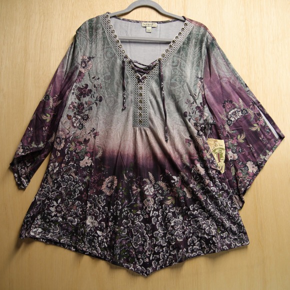 ONE WORLD Tops - One World Live and Let Live Purple Floral Ombre Lace Up Tunic Top 3X NEW